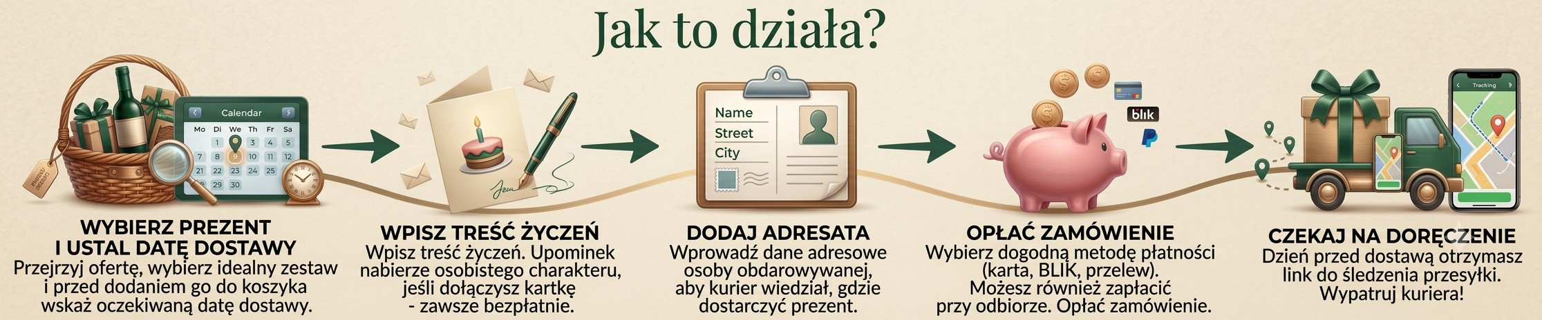 Jak zamówić kosz prezentowy - infografika instruktażowa